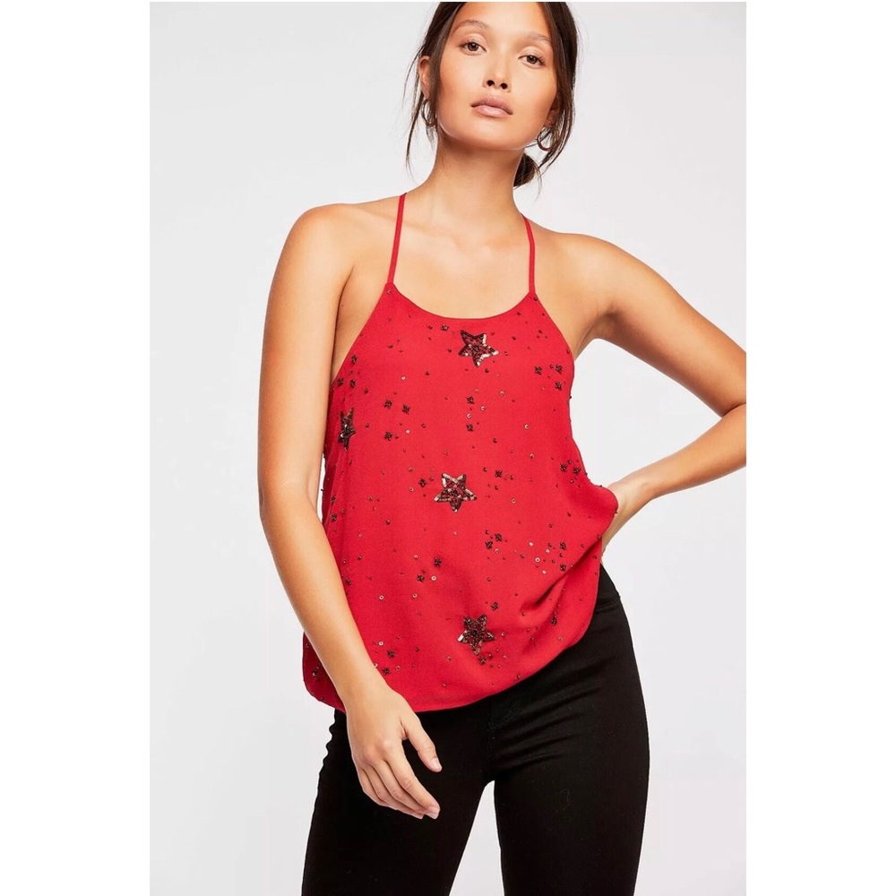 Free People Star Embellished Cami Tank Top Red M